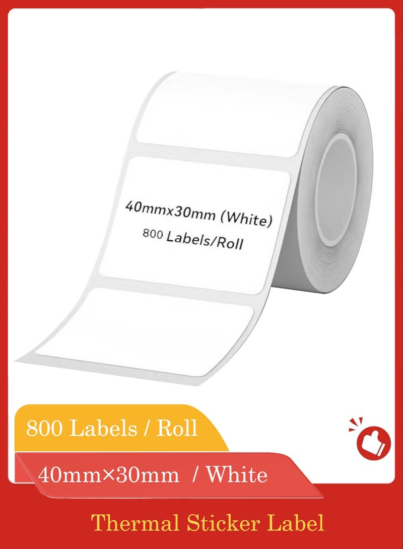 Thermal Sticker Label 40×30mm,800 Labels/Roll for Label Maker Machine,Waterproof Oil-Proof for Home Office Small Business Barcode Printing,Labeling Tape Replacement(White) - Image 1
